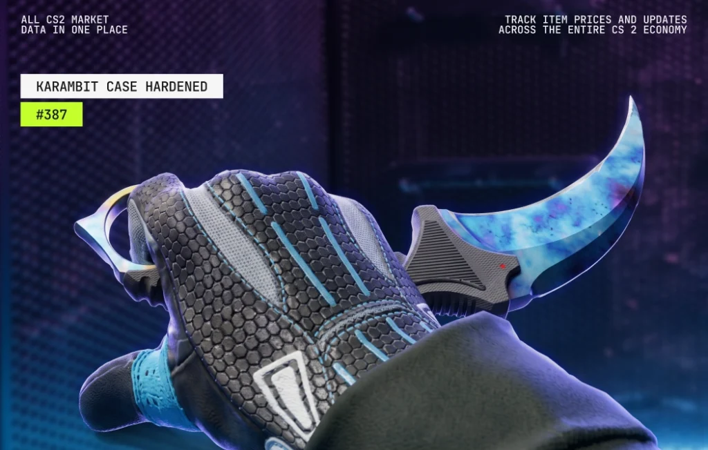 Karambit Case Hardened Blue Gem pattern 387 with almost entirely blue playside coverage, considered the benchmark and best Blue Gem pattern, with only one known Factory New example.