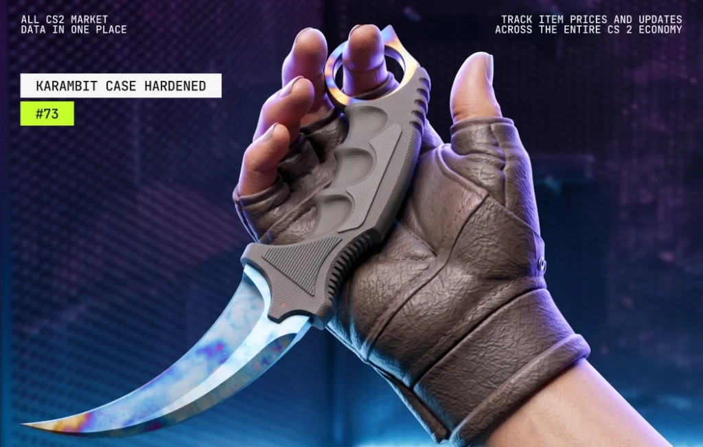 Karambit Case Hardened Blue Gem seed #73, a Tier 1 pattern with very high playside blue coverage and minimal gold, valued at a fraction of #387 as a more affordable collector option.