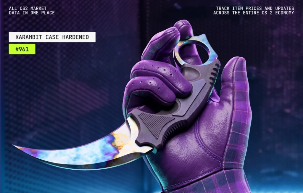 Karambit Case Hardened Blue Gem seed #961, an entry-level Tier 4 pattern with modest, mixed blue coverage that remains visible in game, priced at a fraction of Tier 1 patterns for budget collectors.